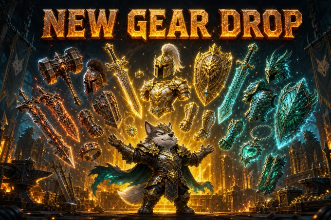 A fantasy gaming promotional banner reading 'NEW GEAR DROP' showing a warrior cat character surrounded by floating weapons, armor, shields, and treasures in a fiery setting.