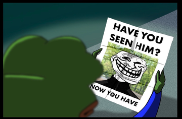 A green troll-like character examines a "Have You Seen Him?" wanted poster featuring the classic trollface meme, with the caption "Now You Have" at the bottom—visually reinforcing the post's bullish sentiment about $Troll.