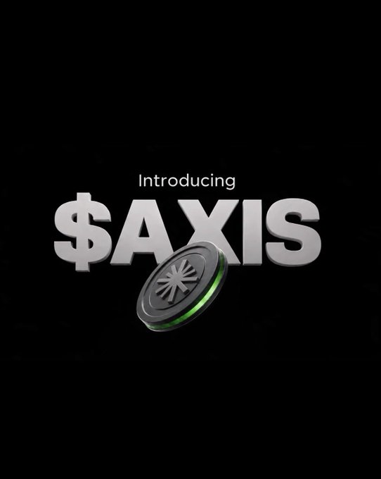 A promotional graphic on a black background displays the text 'Introducing $AXIS' in large silver 3D letters alongside a spinning coin emblem with a green rim.