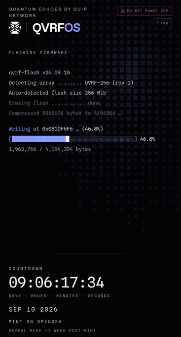 A terminal interface for QVRFOS (Quantum Echoes by Quip Network) showing firmware flashing progress at 46.8% (1,983,766 / 4,194,304 bytes), with a countdown timer of 09:06:17:34 to a SEP 10 2026 mint on OpenSea.