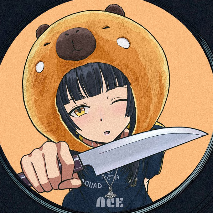 An anime-style illustration of a girl with long black hair and amber eyes wearing a brown bear hood and a dark blue 'SKYSTAR SQUAD' shirt, holding up a large kitchen knife pointed toward the viewer.