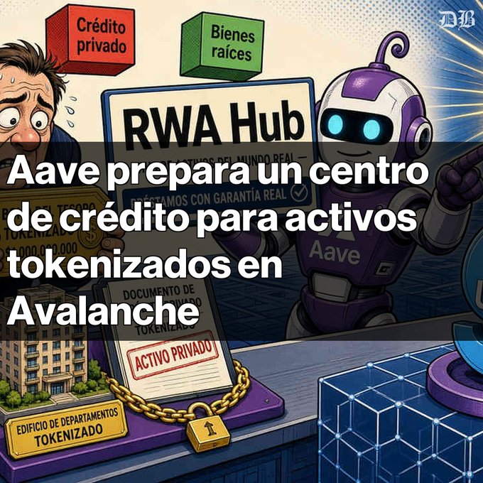 An illustration featuring an Aave-branded robot, a sweating man, a tokenized apartment building, and a credit document; Spanish text reads 'Aave prepara un centro de crédito para activos tokenizados en Avalanche'.
