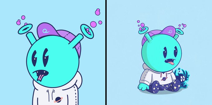 Two side-by-side cartoon illustrations of a teal alien-like character in a white hoodie; on the left it stands looking dazed with its tongue out, and on the right it sits on the ground next to a small blue creature.