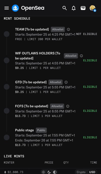 A screenshot of the OpenSea mobile app displaying a "MINT SCHEDULE" with allowlist and public stages for a drop, including entries for TEAM, WIF OUTLAWS HOLDERS, GTD, FCFS, and a Public stage at $13.73.