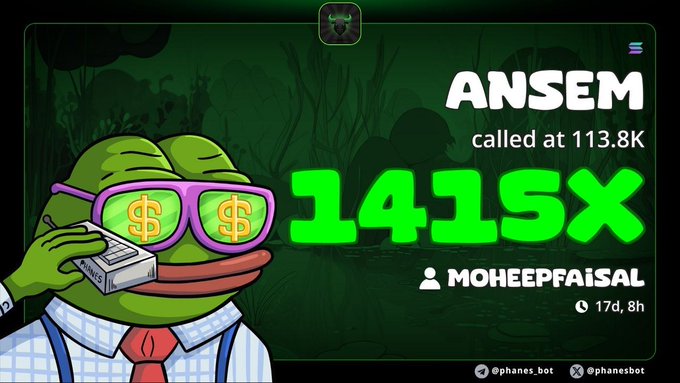 A trading notification showing 'ANSEM called at 113.8K' with a 1411sx gain, featuring a Pepe frog character with dollar-sign sunglasses from @phanes_bot.