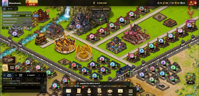 A screenshot of a strategy game city-building interface showing various buildings, quests, a VIP 9 badge for 'BinaryAssets', and resource counts.