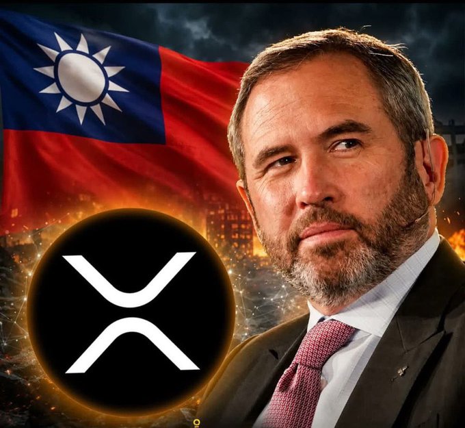 The user wants a concise caption for the provided image.
I need to identify the key elements:
1.  **Person:** A man in a suit (Brad Garlinghouse, CEO of Ripple).
2.  **Symbol:** The XRP logo (a stylized 'X' or 'W' shape) in a black circle.
3.  **Background:** The flag of Taiwan (Republic of China flag) waving.
4.  **Context:** The text overlay mentions "Taiwan passes law establishing regulatory framework for crypto" and "$XRP".

The image combines these elements to suggest a connection between the man (Ripple/XRP), the XRP cryptocurrency, and the news about Taiwan's new crypto regulations.

**Drafting the caption:**
-   Start with the main subject: Brad Garlinghouse (the man).
-   Mention the symbol: XRP logo.
-   Mention the background: Taiwan flag.
-   Synthesize: