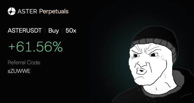 A promotional graphic for ASTER Perpetuals showing ASTERUSDT Buy with 50x leverage at +61.56%, featuring a Wojak-style 'doomer' face meme, and a referral code 'sZUWWE'.