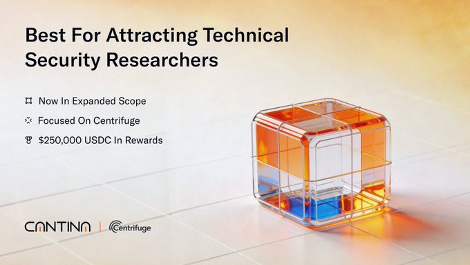 Cantina and Centrifuge promotional graphic reading 'Best For Attracting Technical Security Researchers' advertising $250,000 USDC in rewards with a translucent orange and blue cube illustration.