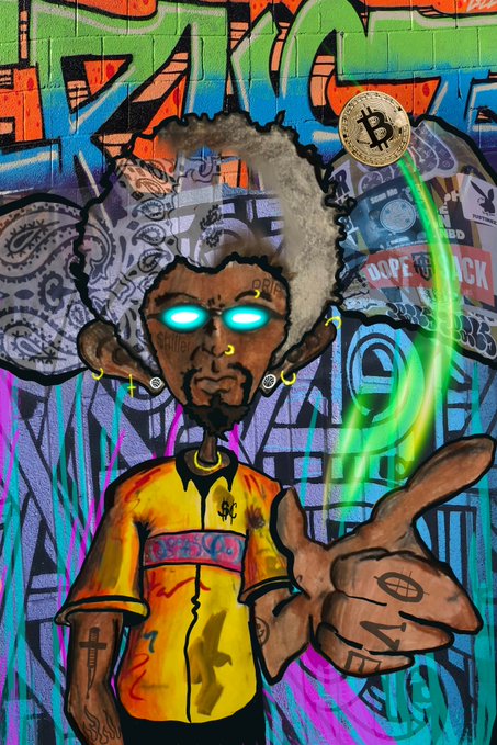A colorful digital artwork features a character with glowing blue eyes and white hair, holding a Bitcoin that shoots a green beam, set against a vibrant graffiti background.