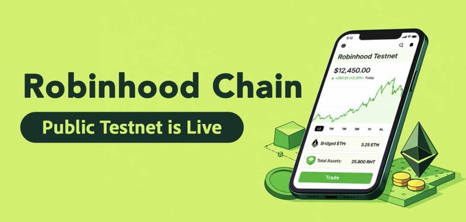 A green promotional banner announces 'Robinhood Chain Public Testnet is Live' alongside an illustration of a smartphone displaying the Robinhood Testnet interface.