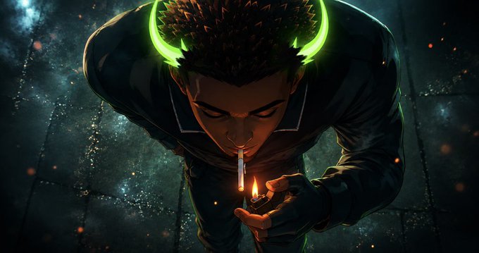 A stylized digital illustration of a man with glowing green headphones around his neck lighting a cigarette, with embers floating in the dark background.