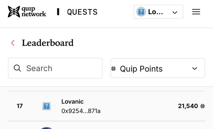 A leaderboard screenshot from Quip Network showing user "Lovanic" (0x9254...871a) ranked 17th with 21,540 Quip Points, illustrating their established position as they await the project's TGE.