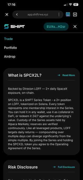 Screenshot of a mobile browser displaying the SHIFT app (app.shiftwa.xyz) with a page explaining the SPCX2L token, a SHIFT Series Token on Solana backed by Direxion LOFF (2× daily SpaceX exposure).