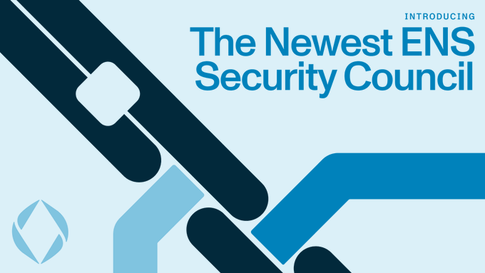 A promotional graphic with the ENS logo announces "INTRODUCING The Newest ENS Security Council" in bold blue text, featuring abstract geometric shapes in navy and light blue tones. The visual ties into the announcement of ENS DAO's approval of an eight-member Security Council that will serve for two years with veto power over malicious proposals.