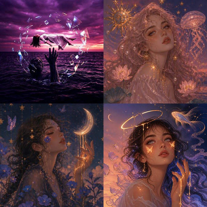 A four-panel digital art collage featuring dreamlike fantasy portraits of women with celestial elements including moons, stars, jellyfish, butterflies, and sunsets in vibrant purple and pink tones.