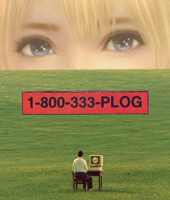 A surreal digital artwork showing a person sitting at a computer on grass looking up at a giant face and a red banner reading '1-800-333-PLOG'.