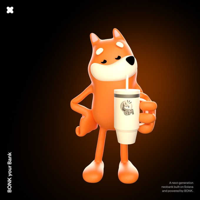 A 3D rendered orange Shiba Inu dog character holds a white tumbler cup labeled "GM" against a dark brown background, with text reading "BONK your Bank" and "A next-generation neobank built on Solana and powered by BONK."