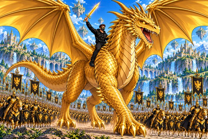A fantasy illustration showing a knight in black attire riding a massive golden dragon, leading an army of gold-armored soldiers with banners through a mountainous landscape.
