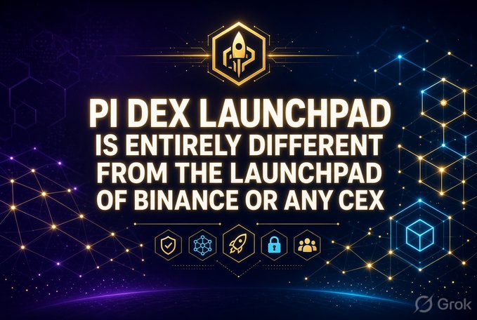A promotional graphic for 'PI DEX LAUNCHPAD' stating it is entirely different from Binance or any CEX launchpad, featuring a rocket logo and glowing network background.