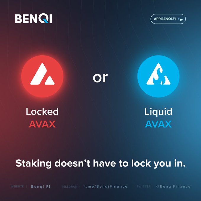 Benqi.fi promotional graphic comparing 'Locked AVAX' (red) versus 'Liquid AVAX' (blue) staking options with the tagline 'Staking doesn't have to lock you in.'