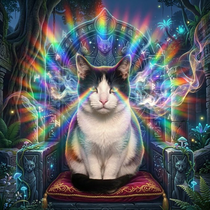This psychedelic image of a cat surrounded by rainbow-colored energy and ancient symbols relates to a $700 $AURACAT giveaway. The contract address for $AURACAT is 6wfbCEwBDE8D75QaQCSgawiNfKwJDCyAYA32F768pump.