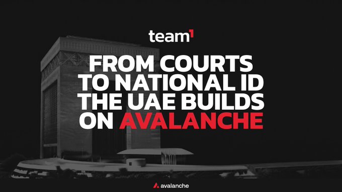 A Team1 promotional image featuring the text 'FROM COURTS TO NATIONAL ID THE UAE BUILDS ON AVALANCHE' over a dark image of the Louvre Abu Dhabi, with the Avalanche logo at the bottom.