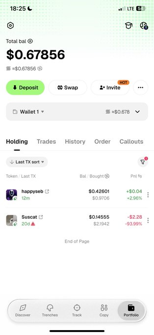 A mobile crypto portfolio app screenshot showing a total balance of $0.67856, with holdings including 'happysen' (+2.96%) and 'suscat' (-93.99%), and navigation tabs for Deposit, Swap, and Invite.