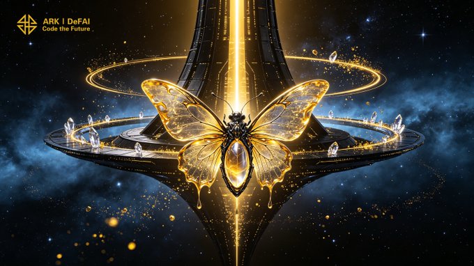 A glowing golden butterfly with crystalline wings rests on a futuristic obsidian monolith against a starry cosmic backdrop, with the text "ARK | DeFAI - Code the Future" in the upper left corner—visually embodying the post's theme of AI evolution and the ARK ecosystem's transformation into action.