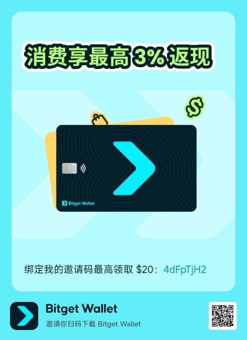 A promotional graphic for Bitget Wallet offering up to 3% cashback on spending, featuring an invitation code '4dFpTjH2' for up to ¥20 reward.