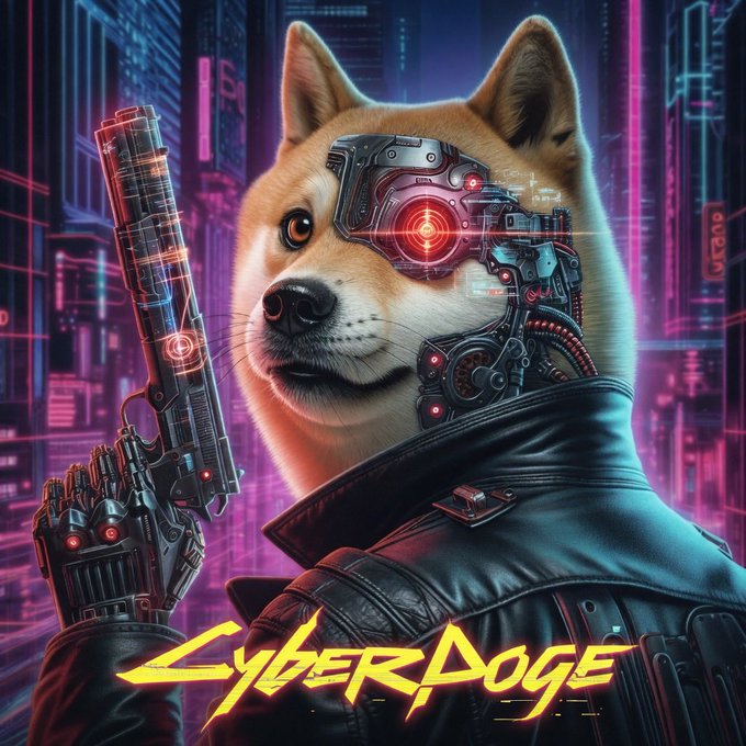 A 'CyberDoge' promotional image featuring a Shiba Inu dog with a robotic eye and mechanical enhancements, holding a futuristic pistol against a neon cyberpunk city backdrop.