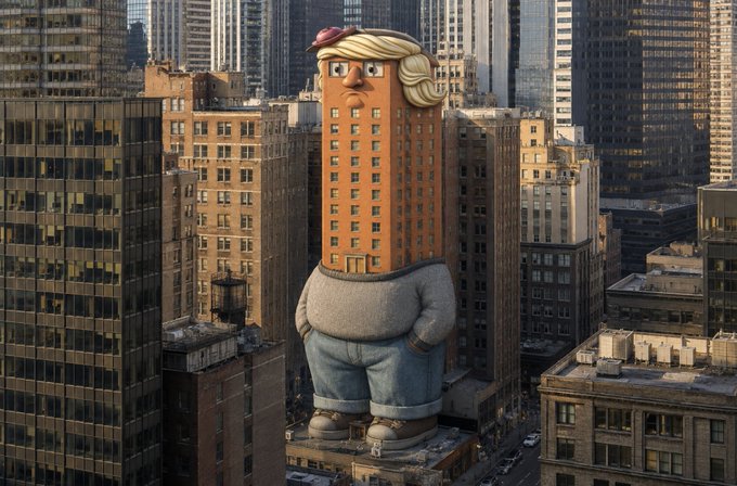A surreal cityscape depicts a giant anthropomorphic figure with Donald Trump's blonde hair and red cap standing tall among skyscrapers, with the building's facade forming his torso clad in jeans and a gray sweater. The image humorously visualizes the looming, personality-driven nature of meme coins like $TRUMP, which often feature politically charged figures as towering icons that dominate the crypto landscape—making them notoriously difficult to explain to outsiders unfamiliar with the intersection of internet culture, politics, and speculative tokens.