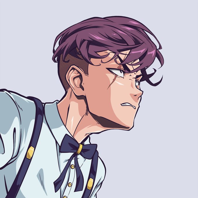 An anime-style illustration of a young man with purple hair, wearing a light blue shirt and dark bow tie, looking off to the side with a serious expression.