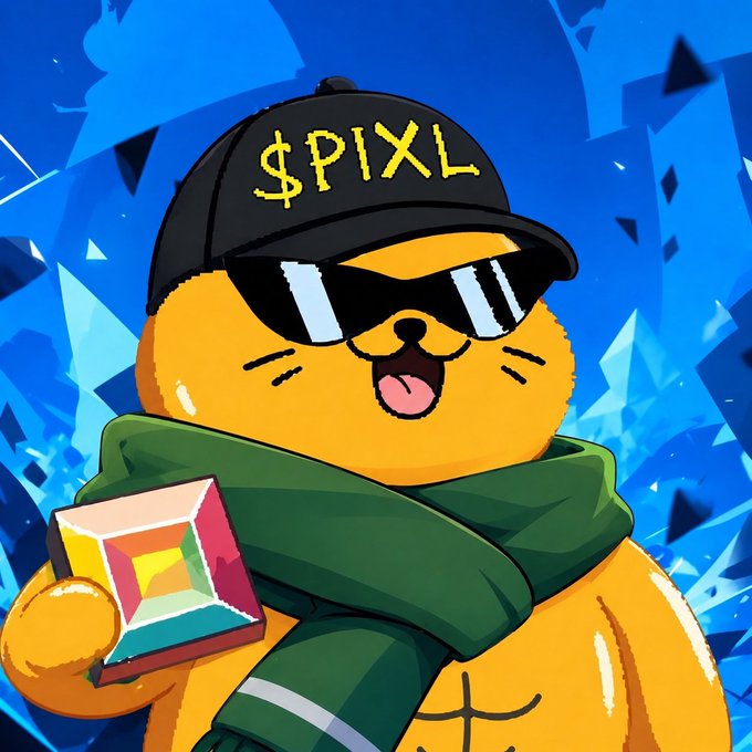 An orange cat-like character wearing a black cap with yellow '$PIXL' text, sunglasses, and a green scarf, holding a colorful geometric stone.