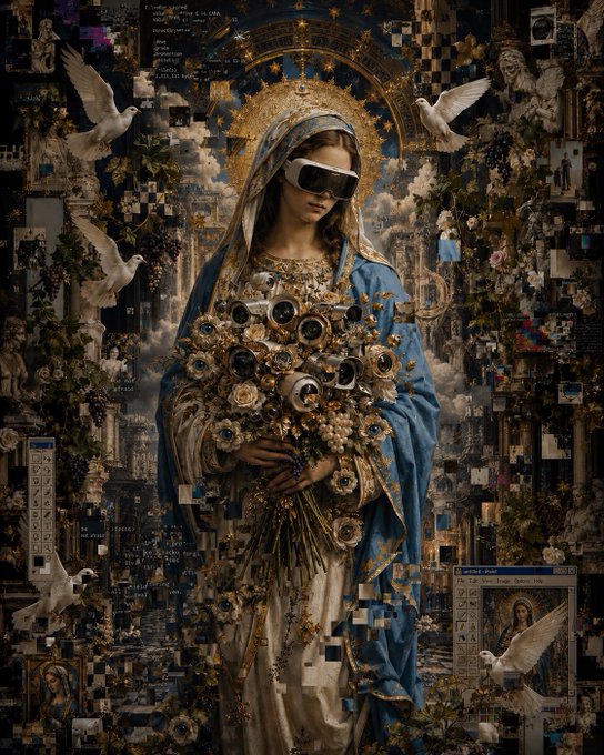 A digital collage depicts a Virgin Mary-like figure wearing modern VR goggles and holding a bouquet of golden roses, surrounded by white doves, pixelated glitches, and a Photoshop interface window, blending classical religious imagery with tech aesthetic.