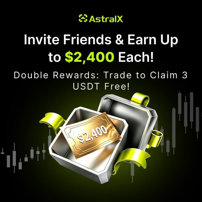 A promotional graphic for AstralX exchange advertising 'Invite Friends & Earn Up to $2,400 Each!' with 'Double Rewards: Trade to Claim 3 USDT Free!' displayed against a dark background with candlestick charts and an open treasure chest.