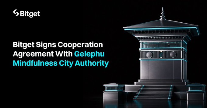 The image is a promotional graphic from Bitget announcing a partnership, featuring the Bitget logo at the top, the headline "Bitget Signs Cooperation Agreement With Gelephu Mindfulness City Authority," and a stylized 3D rendering of a traditional Bhutanese-style temple building on the right side. The dark, sleek background with the illuminated pagoda structure visually reinforces the formal announcement of Bitget's collaboration with GMC to expand digital asset infrastructure in Bhutan.