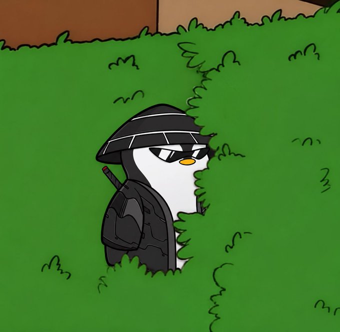 A cartoon illustration of a penguin wearing a conical hat, sunglasses, and dark armor, holding a sword while hiding in green bushes.