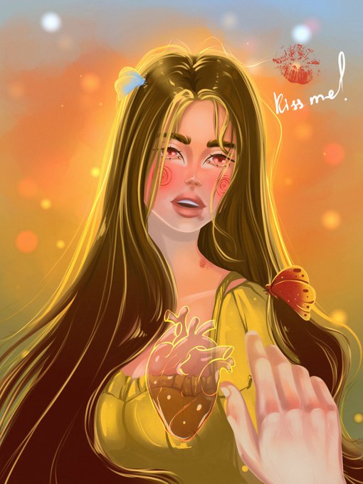 A stylized digital illustration of a woman with long brown hair and red eyes, featuring an anatomical heart design on her chest and the handwritten text 'Kiss me!' in the corner.