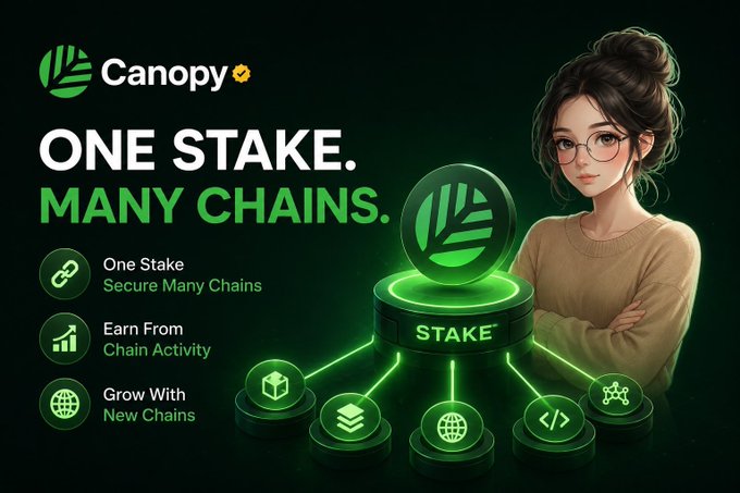 An advertisement for Canopy blockchain features an illustrated woman and the slogan 'ONE STAKE. MANY CHAINS.', promoting secure multi-chain staking, earning from chain activity, and growing with new chains.