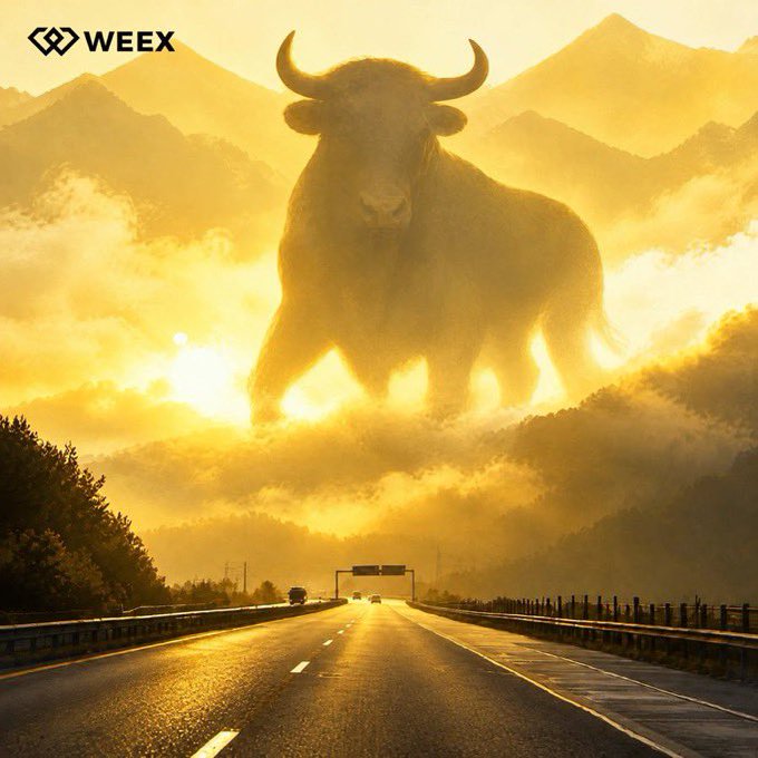 An epic WEEX promotional illustration featuring a massive bull silhouetted against a golden sunset, looming over a highway with mountains in the background.
