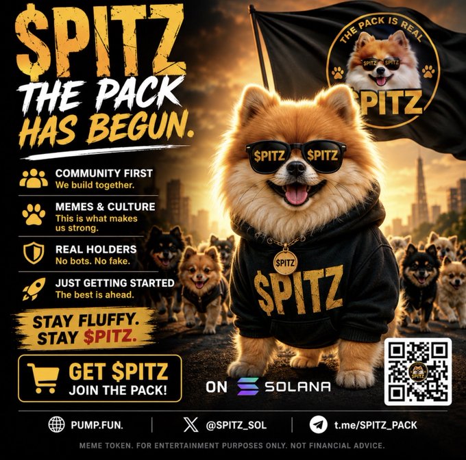 A promotional poster for the $SPITZ memecoin on Solana, featuring a Pomeranian dog wearing sunglasses and a 'SPITZ' hoodie, with slogans 'THE PACK HAS BEGUN,' 'STAY FLUFFY. STAY $SPITZ,' and links to pump.fun, @SPITZ_SOL, and t.me/SPITZ_PACK.