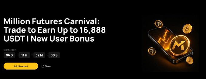 The image is a promotional banner for a "Million Futures Carnival" trading campaign on Million.com, offering new users up to 16,888 USDT as a reward. It features a countdown timer showing 06D 11H 32M 30S remaining, alongside a graphic of gold cryptocurrency coins with the Million logo, and includes a "Join the event" button for users to register and participate in the airdrop.