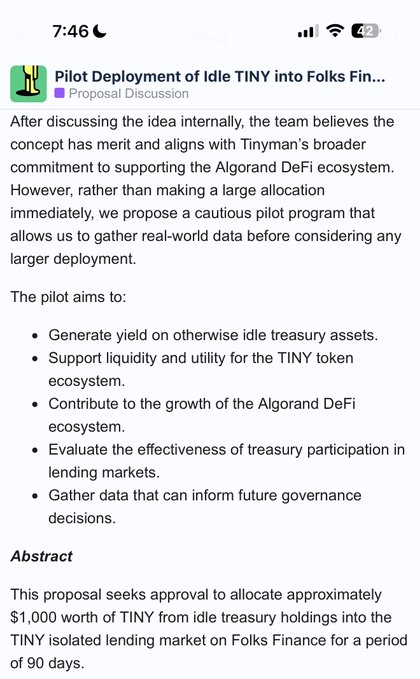 A screenshot of a proposal discussion titled 'Pilot Deployment of Idle TINY into Folks Fin...' outlining a cautious pilot program to allocate $1,000 worth of TINY from idle treasury holdings into the TINY isolated lending market on Folks Finance for 90 days, supporting the Algorand DeFi ecosystem.