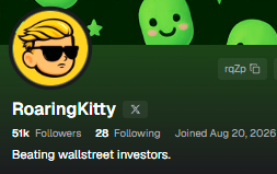 A profile card for RoaringKitty (51K followers, 28 following, joined Aug 20, 2026) with the tagline "Beating wallstreet investors," visually celebrating the account's milestone of reaching 50k followers and major trading profits, matching the post's highlight of a successful 30-day run on Pump featuring gains like $BONER (387x) and $INU (48x).