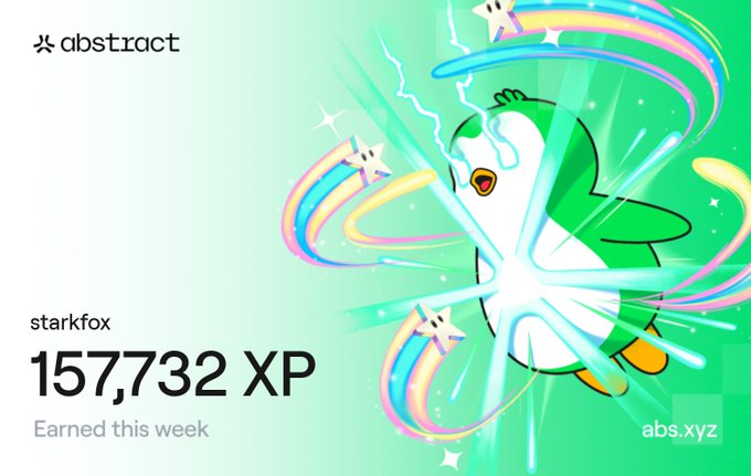 An Abstract platform achievement card showing 157,732 XP earned this week by user 'starkfox', illustrated with a penguin character wielding rainbow energy beams.