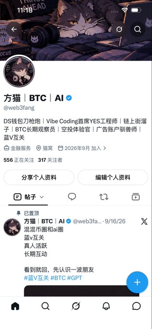 A Twitter profile for '方猫 | BTC | AI' (@web3fang), a Vibe Coding首席YES工程师, showing a pinned tweet offering live interactive support in '蓝v互关' with hashtags #蓝V互关 #BTC #GPT.