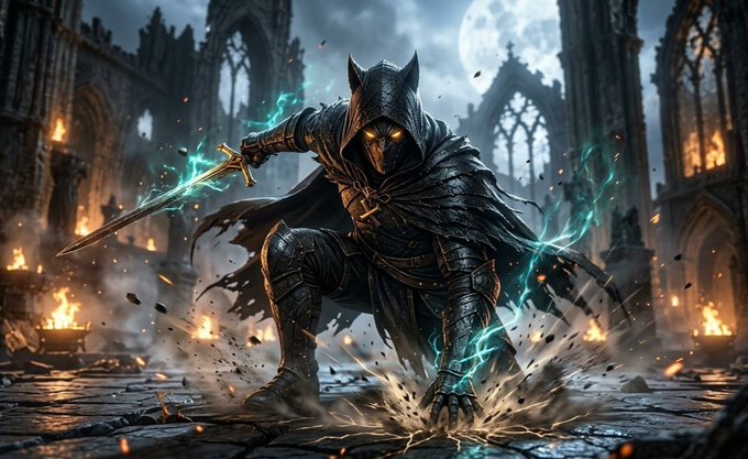 A hooded warrior with glowing yellow eyes crouches in a dark gothic cathedral, wielding a crackling blue sword amid fire and crumbling stone. The image embodies the post's message of resilience—standing ready for battle despite the destruction surrounding them, no excuses given.