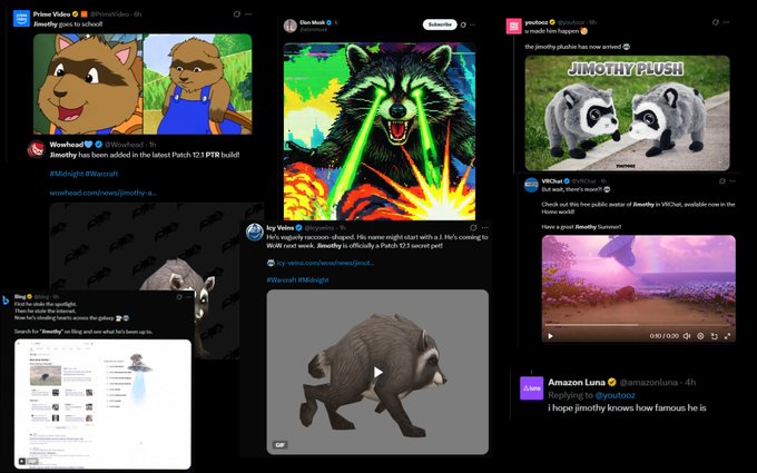 A collage of social media posts featuring memes, artwork, and videos of a raccoon character called "Jimothy," highlighting his recent viral surge from $3.5M to $19M in market cap and gaining nearly 3,000 new holders, with mentions of $JIMOTHY, Elon Musk, and Warcraft adding him to their lore.
