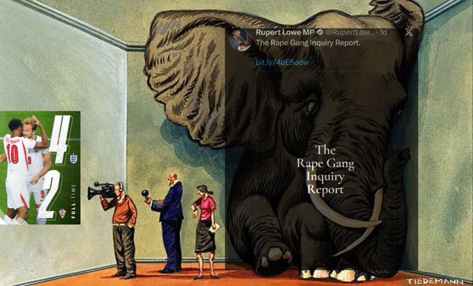 A cartoon elephant, with a man and woman standing beside it, is depicted against a green wall with the text "The Rape Gang Inquiry Report" and "X".